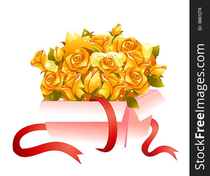 A pile of yellow roses in the pink box with red ribbon. A pile of yellow roses in the pink box with red ribbon