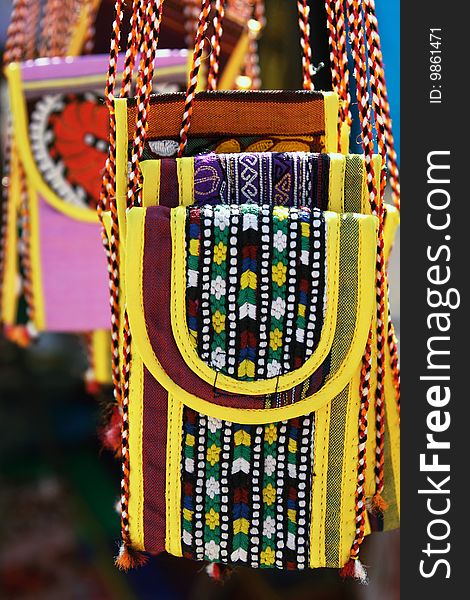 Handmade purse with traditional ornament. Turkmenistan. Ashkhabad market.