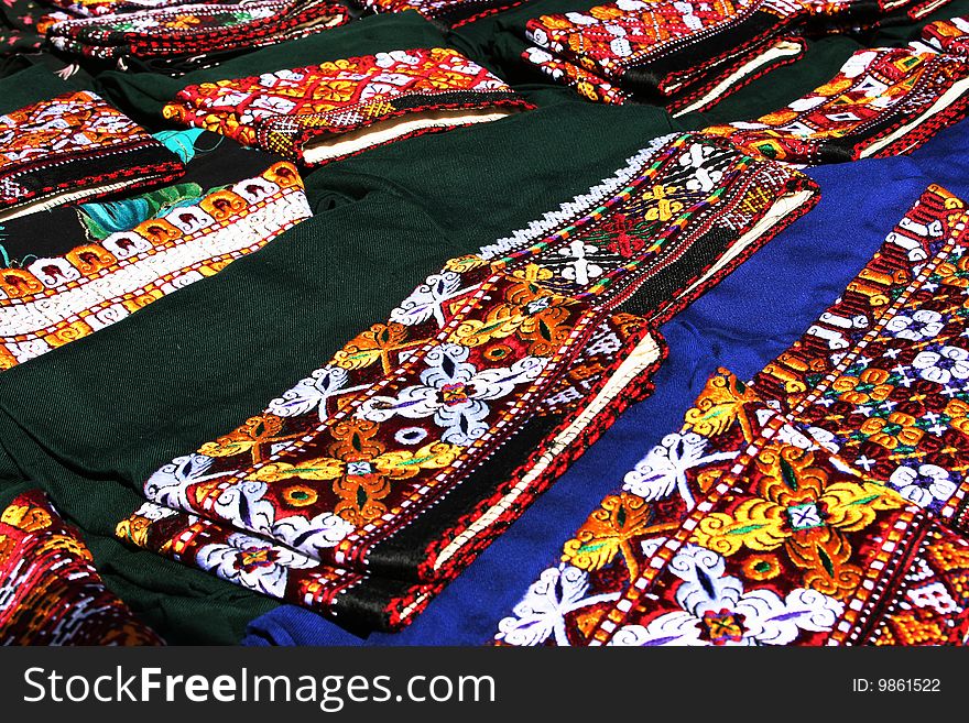 Element of national costume with traditional ornament. Turkmenistan. Ashkhabad market.