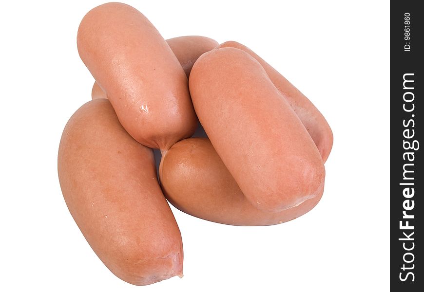 A few fresh  sausages are on a white background. A few fresh  sausages are on a white background
