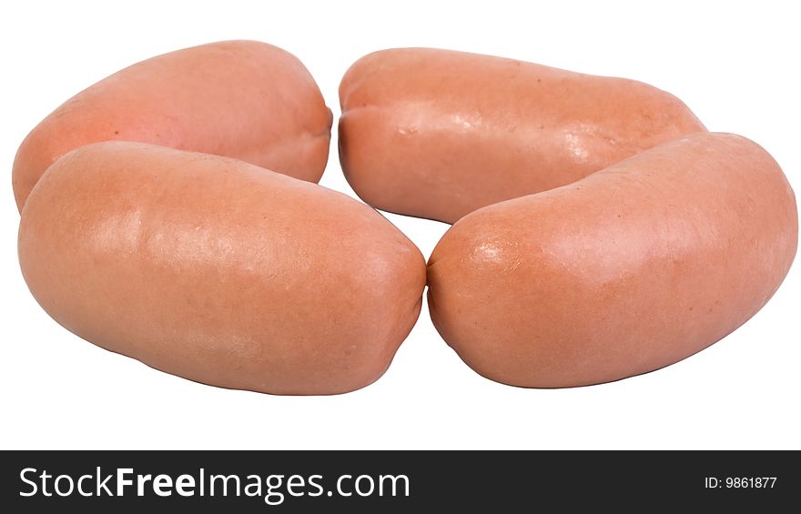 A few fresh  sausages are on a white background