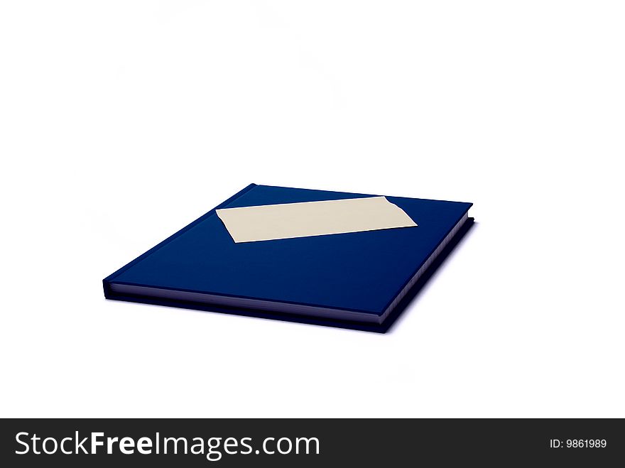 Blue notepad with blank sticker on white background. Blue notepad with blank sticker on white background