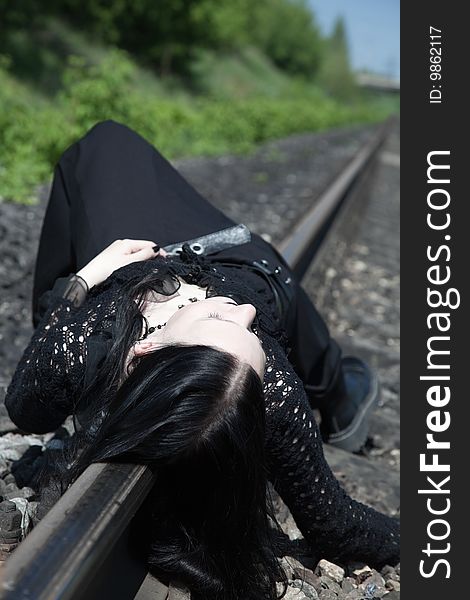 Gothic Girl On Railway