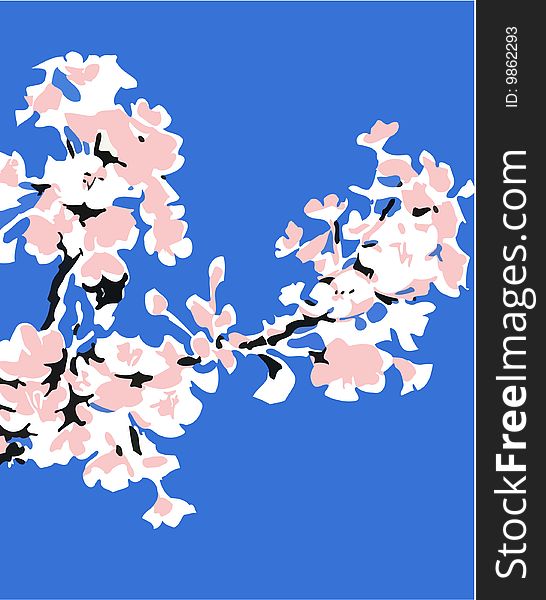 Apple tree branch blossoming - woodcut stylization