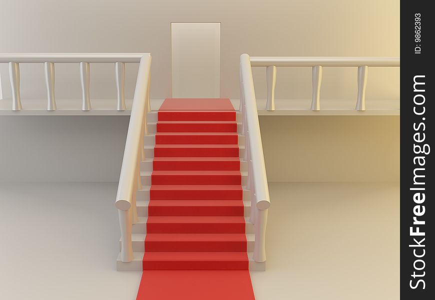 3d render of staircase and red carpet.