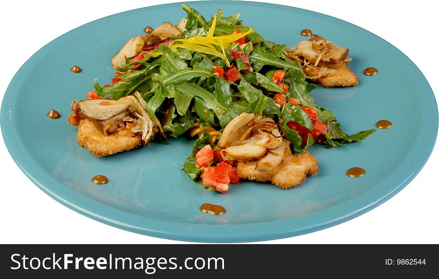 Hot Chicken salad with lettuce, apples and tomatoes celery