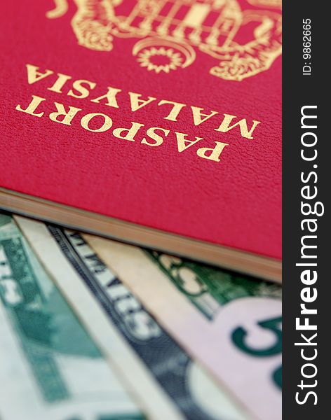 Close up capture International Travel Passport with Currency. Close up capture International Travel Passport with Currency