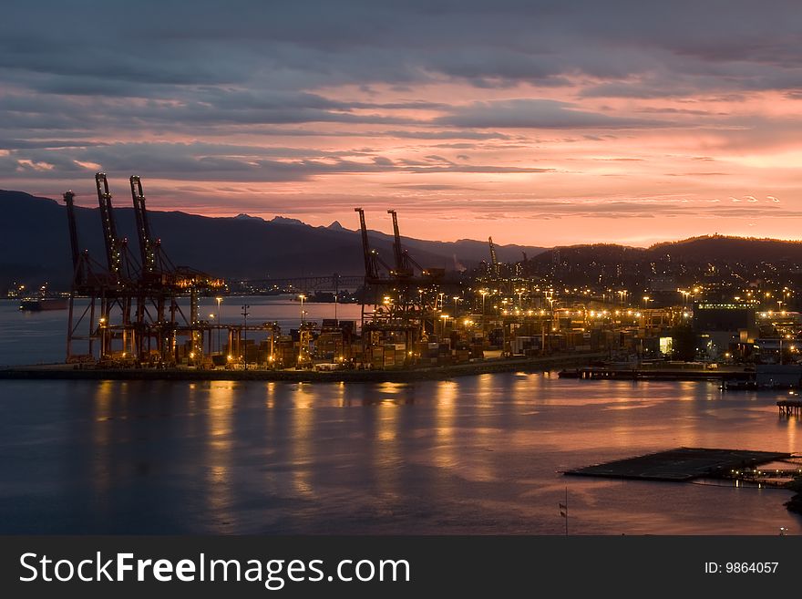 Sunrise in Vancouver harbour skyline from Convention centre