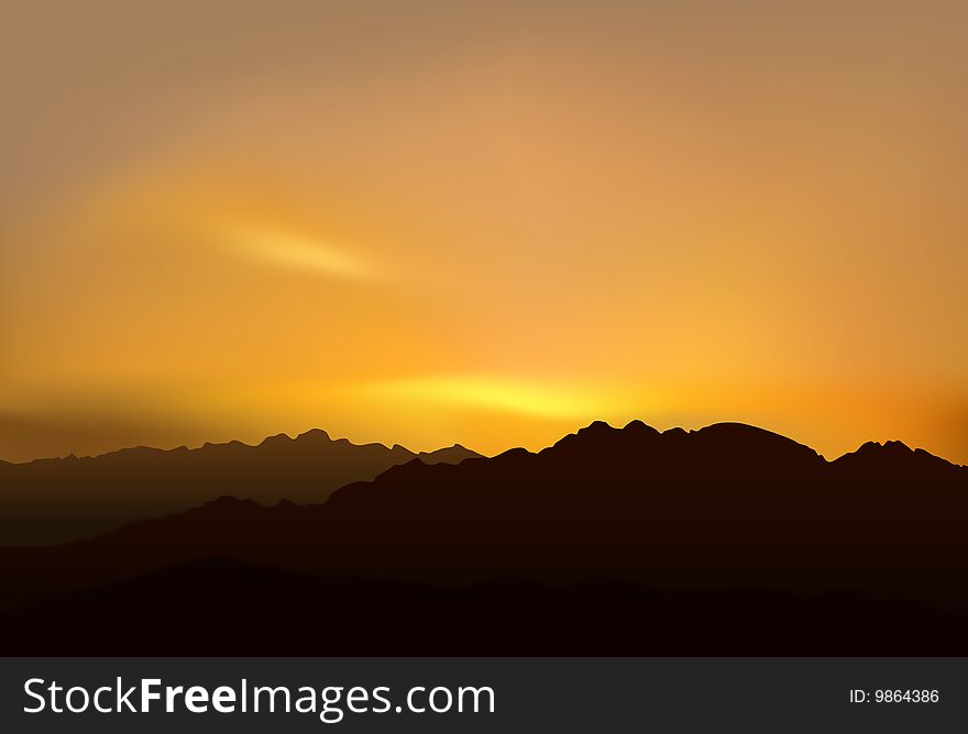 Realistic vector illustration of mountains over picturesque sunset.