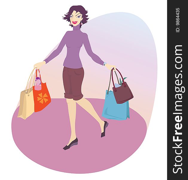 Vector illustration of a shopping woman. She was stressed in the long work day and now can relax and find something interesting while shopping. She is independent, has good taste and sense of style. Vector illustration of a shopping woman. She was stressed in the long work day and now can relax and find something interesting while shopping. She is independent, has good taste and sense of style.