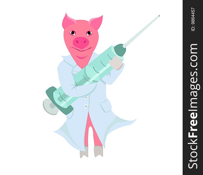 Swine flu illustration: a cynical looking pig dressed as a doctor, holding a syringe