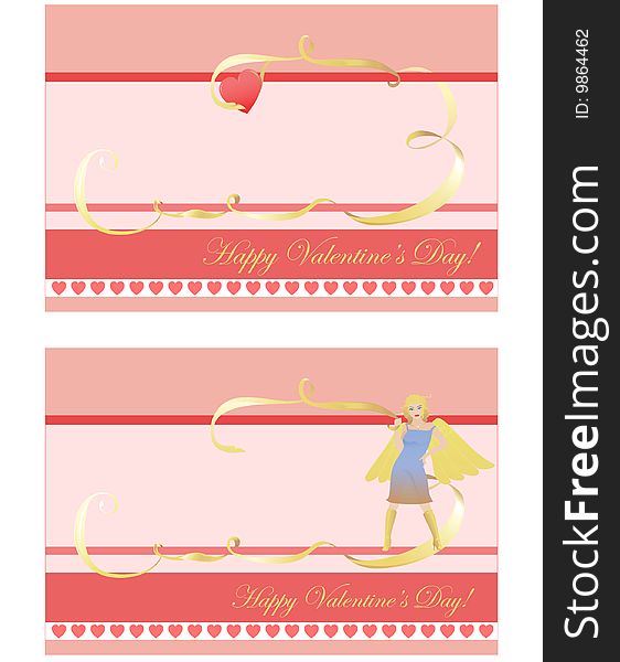 Set of 2 complimentary Valentine's cards with the place for your text and the title. Both are ornamented with pink objects, hearts and golden bands. One is decorated with a heart, another with a cute Cupid angel holding the band. Set of 2 complimentary Valentine's cards with the place for your text and the title. Both are ornamented with pink objects, hearts and golden bands. One is decorated with a heart, another with a cute Cupid angel holding the band.
