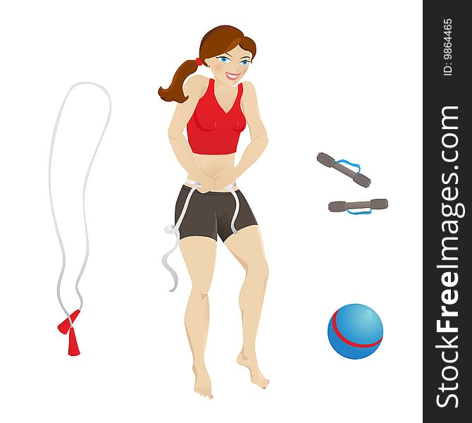 Illustration of a girl measuring her waist (cheating a little by trying to squeeze out a couple centimeters), in sports clothes. Her figure is the one of a healthy, normally built girl that exercises regularly. Bonus: sport utensils as separate objects. Illustration of a girl measuring her waist (cheating a little by trying to squeeze out a couple centimeters), in sports clothes. Her figure is the one of a healthy, normally built girl that exercises regularly. Bonus: sport utensils as separate objects.