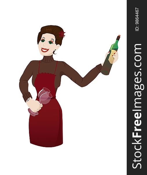 Illustration of a woman proudly presenting a bottle of wine. May be she is a waitress in a restaurant and could find the best choice of wine for customers, or she is a housewife and shows the wine to the guests. Hair and eyes color, dress can be easily changed. Illustration of a woman proudly presenting a bottle of wine. May be she is a waitress in a restaurant and could find the best choice of wine for customers, or she is a housewife and shows the wine to the guests. Hair and eyes color, dress can be easily changed.