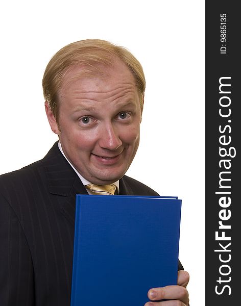 Businesman holding a notepad on white background. Businesman holding a notepad on white background