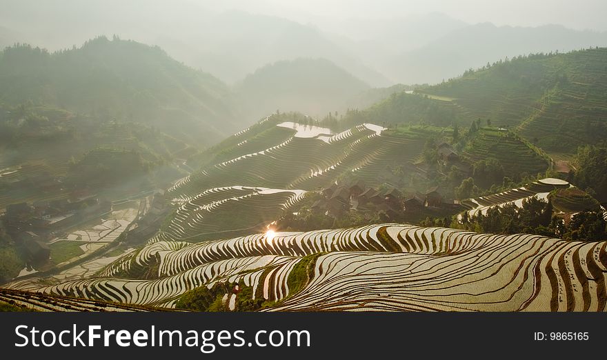 The morning view of terrace in LongSheng GuiLin China.