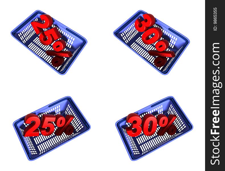 3d rendered shopping basket with percentage sign