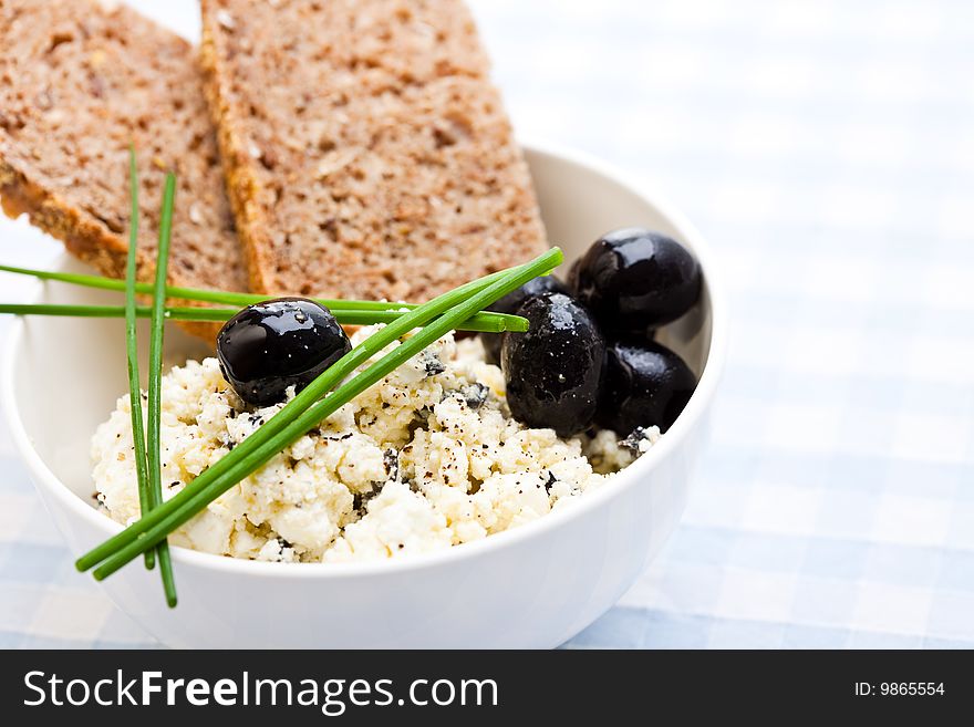 Healthy Meal Of Feta Cheese, Bread And Olives