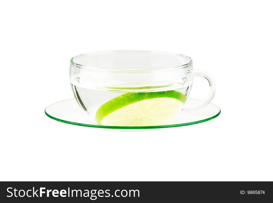 Cup of water with lemon, isolated on white background