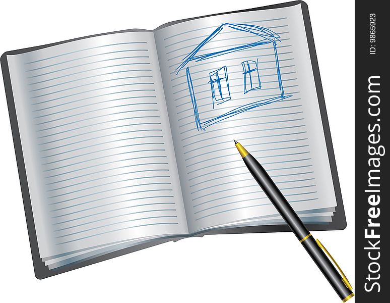 Background with book with drawing of house