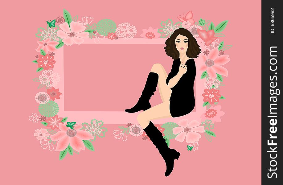 Beautiful woman in boots framed by abstract floral ornament