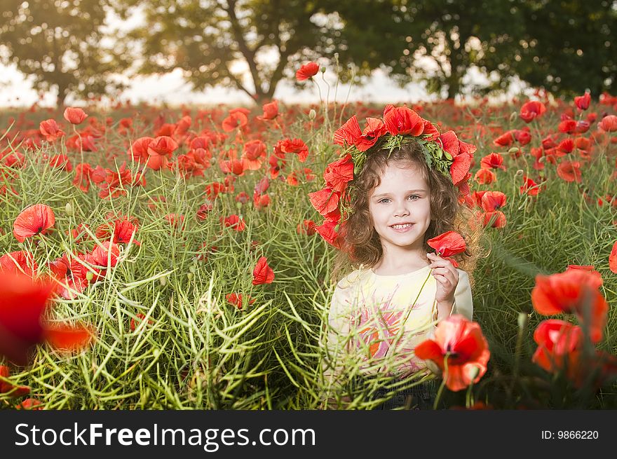 Smiling little girl in the poppy field