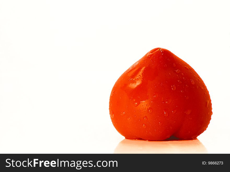 Single red tomato with water drops turned upside isolated on white background with shadow copy space for text message in left part of image. Single red tomato with water drops turned upside isolated on white background with shadow copy space for text message in left part of image