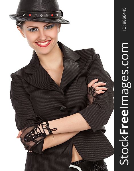 Young fashionable woman with black hat over white. Young fashionable woman with black hat over white