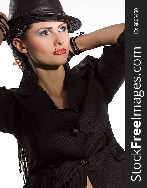 Young fashionable woman with black hat. Young fashionable woman with black hat