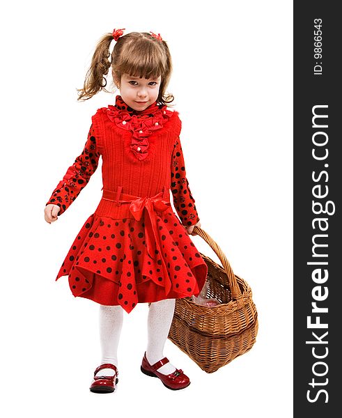 Beautiful little girl in red dress holding basket, isolated on white