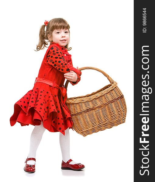 Beautiful little girl in red dress holding basket, isolated on white