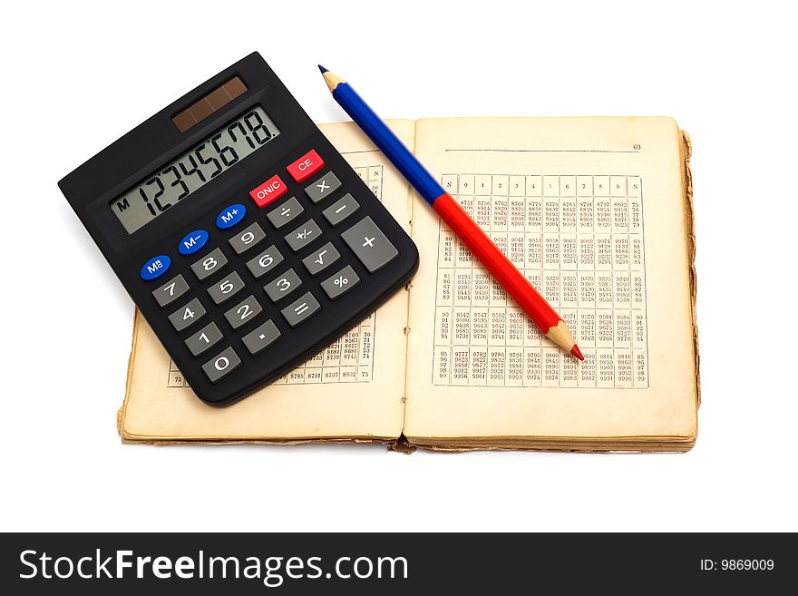 Calculator with an old book on white background. Calculator with an old book on white background