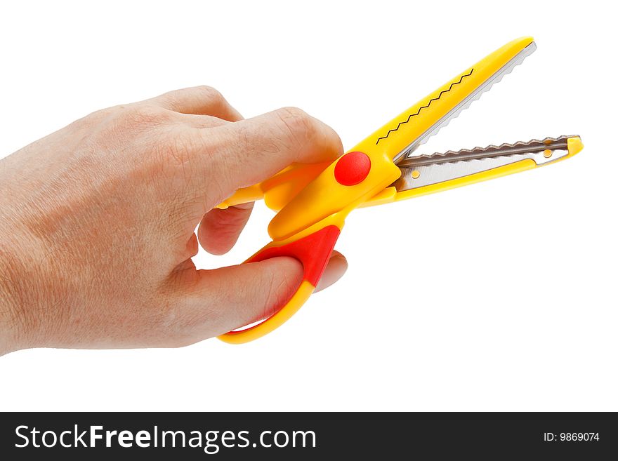 Hand with the scissors on a white background