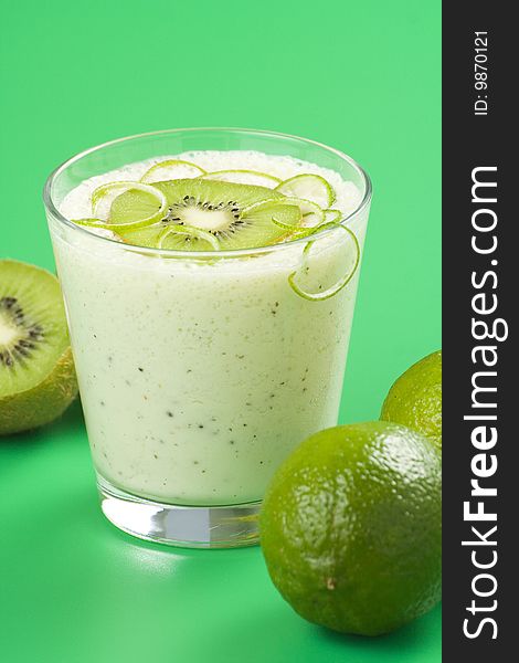 Refreshment and creamy milkshake kiwi and lime isolated. Refreshment and creamy milkshake kiwi and lime isolated