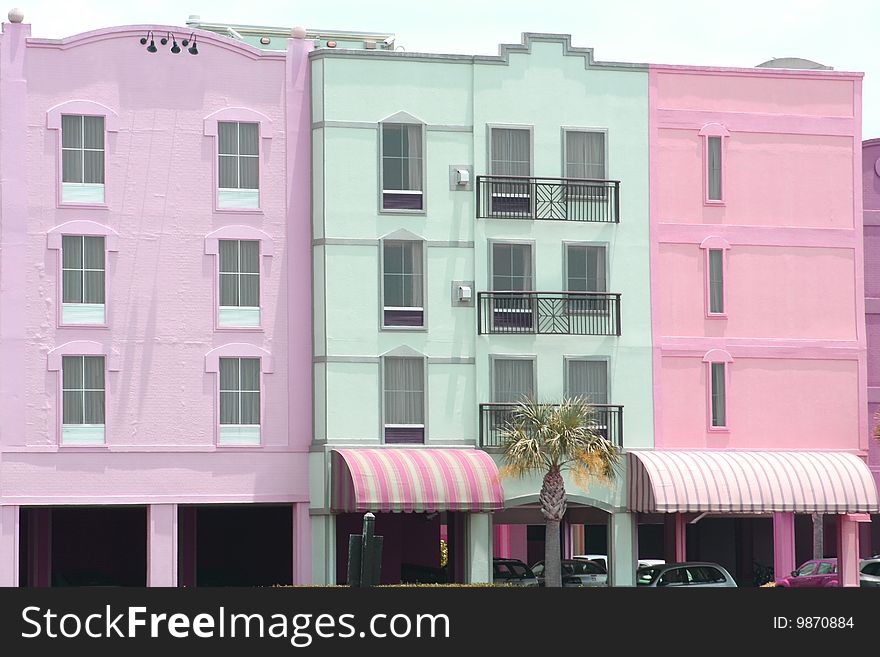 Colorful buildings in downtown area of small town