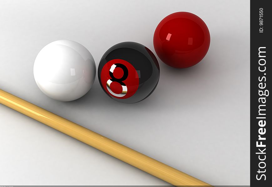 3в model three billiard balls and cue. 3в model three billiard balls and cue