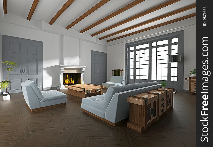 Hall with a sofa, an armchair and a fireplace. Hall with a sofa, an armchair and a fireplace