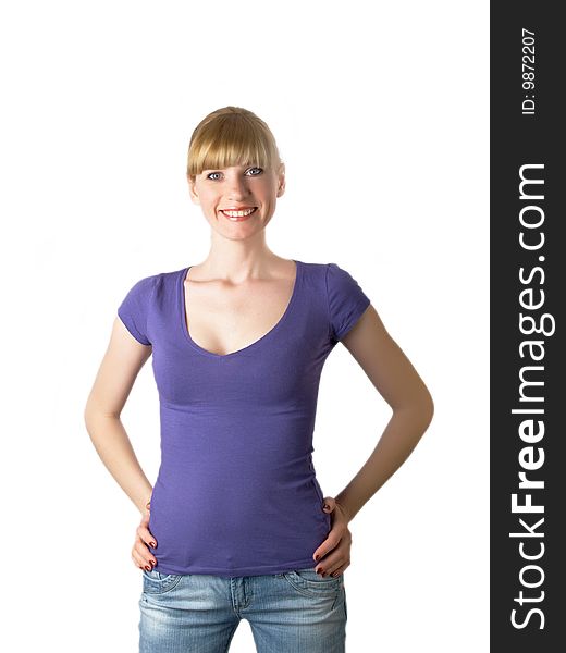 Girl with jeans on the white background. Girl with jeans on the white background