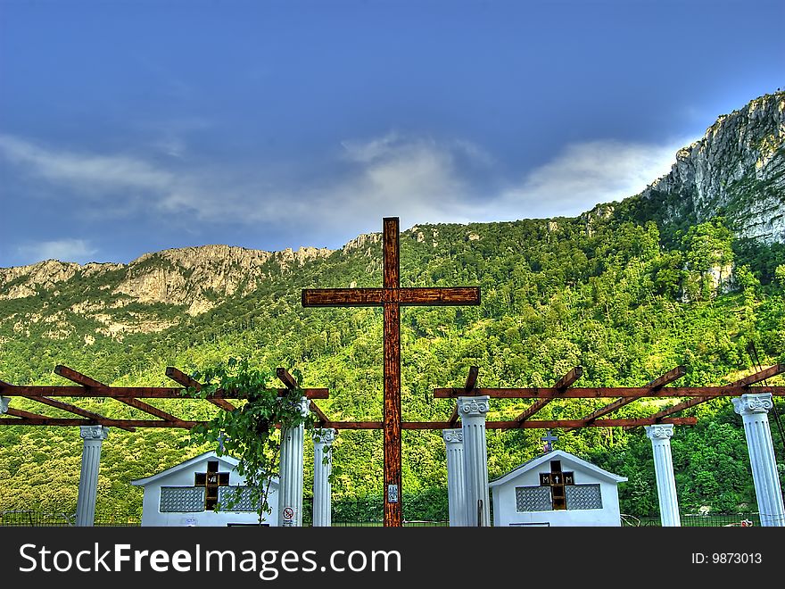 Serene scene with a religious shrine in a natural landscape. Serene scene with a religious shrine in a natural landscape