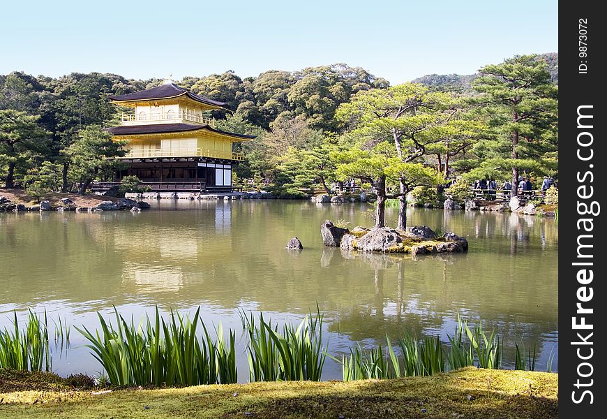 Gold pavilion in Kyoto (also called Kinkakuji) with image reflection in the lake. Gold pavilion in Kyoto (also called Kinkakuji) with image reflection in the lake