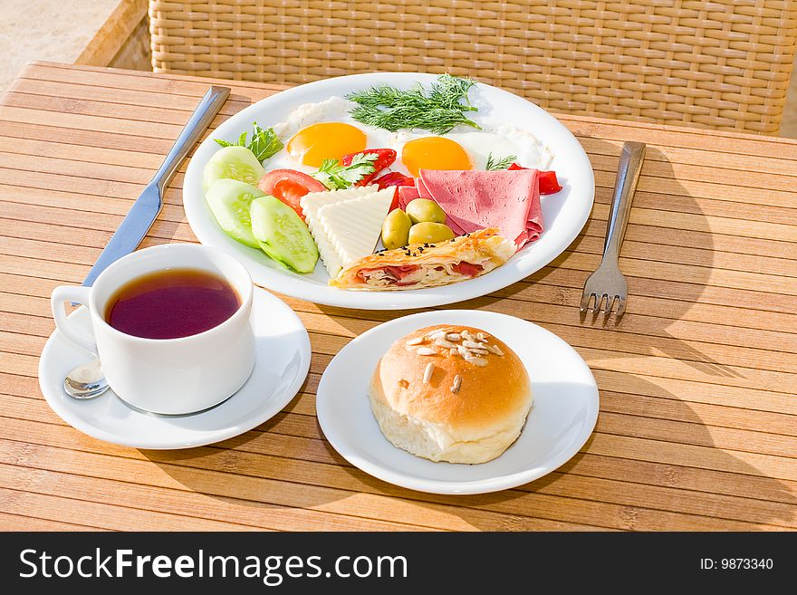 Breakfast served on the table. Breakfast served on the table