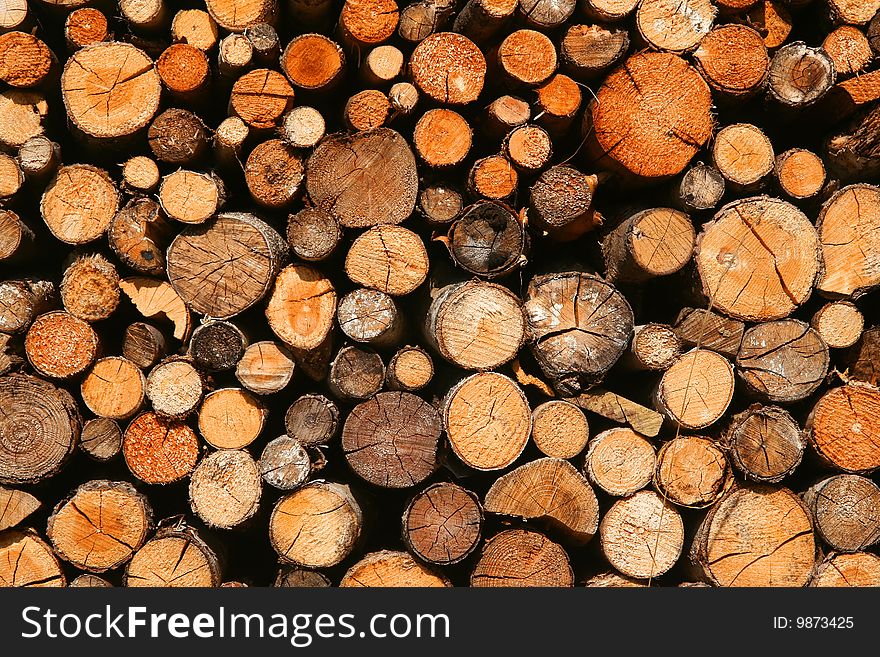 Firewood stacked in piles outside cottage in Germany