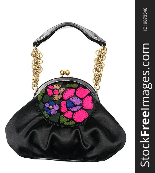 Black evening women bag embroidered with flowers application