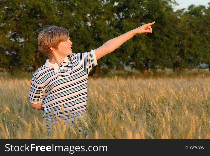 Boy at the wheat field illuminated by red sunset sun