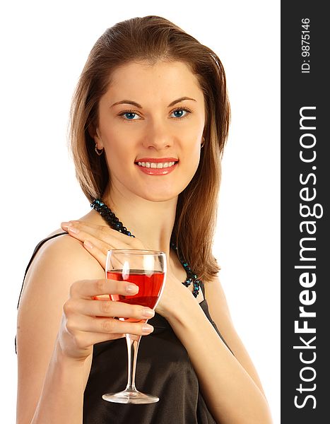 Beautiful girl with a glass of rose wine. Isolated on white