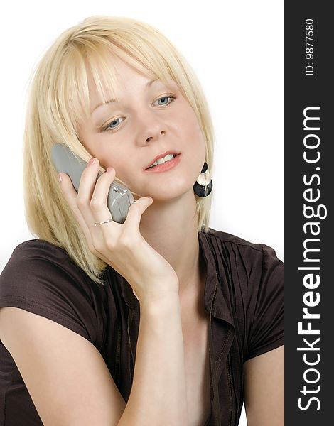 Portrait of the beautiful girl with blond hair calling. Portrait of the beautiful girl with blond hair calling