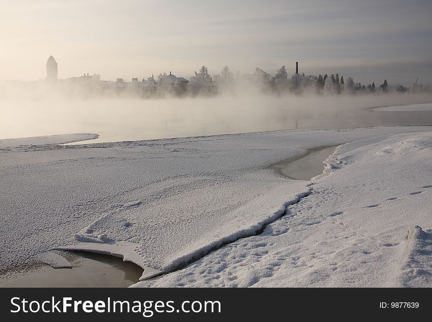 Very cold day, view over a river in Finland