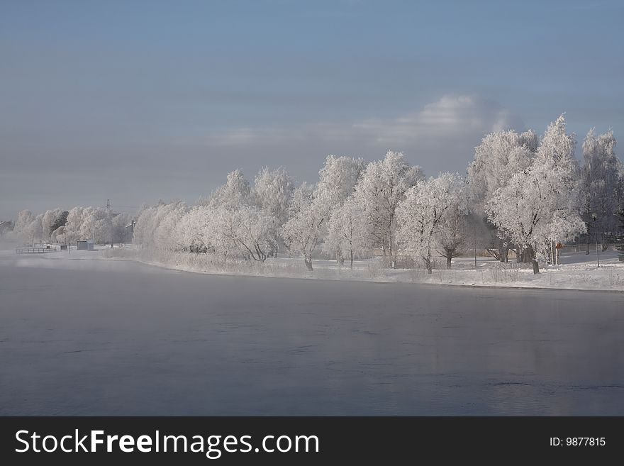 Very cold day, view over a river in Finland