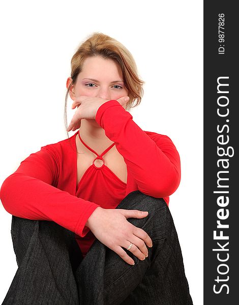 Portrait of young woman in red shirt, studio shot. Portrait of young woman in red shirt, studio shot