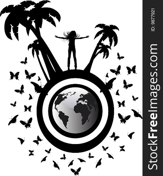 The vector silhouette girl on globe